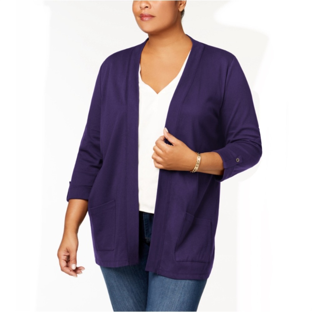 Karen Scott Plus Size Cotton Cozy Cardigan Deep Purple 1X